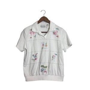 Alfred Dunner Vintage White Pink Beachy Coastal Grandma Embroidered Blouse Shirt